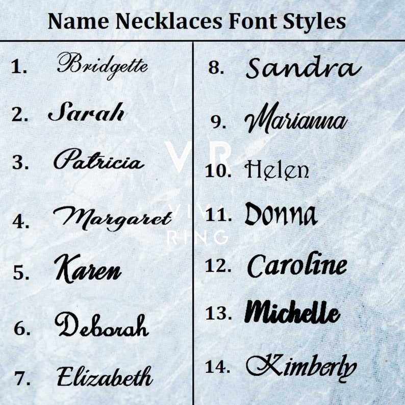 May include: A chart with 14 different font styles for names, each with a number and a name written in the font style. The names are Bridgette, Sarah, Patricia, Margaret, Karen, Deborah, Elizabeth, Sandra, Marianna, Helen, Donna, Caroline, Michelle, and Kimberly.