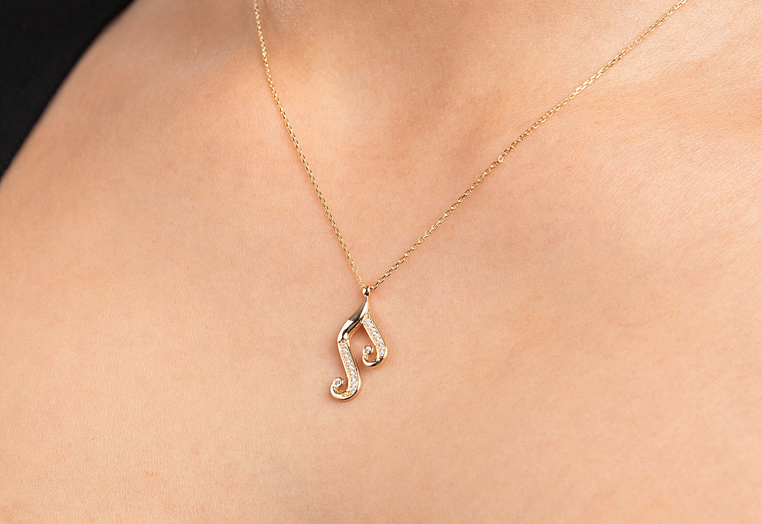 Music Note Necklace Gold, Lover Necklace, Charm, Zirconia Gold Musical For Woman