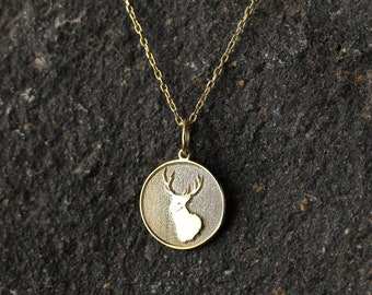 14k Gold Deer Necklace, Personalized Deer Antler Pendant, Antler Necklace, Animal Pendant, Necklace Gift for Men Women, Scottish Stag Charm