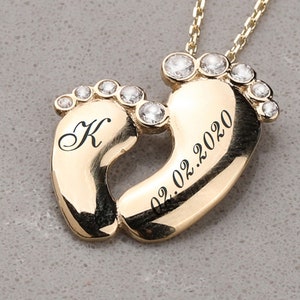Collar de pies de bebé con zirconia, collar de pies de bebé de oro macizo de 14k, colgante de huella de bebé, collar de nombre de niño personalizado, amuleto de letras