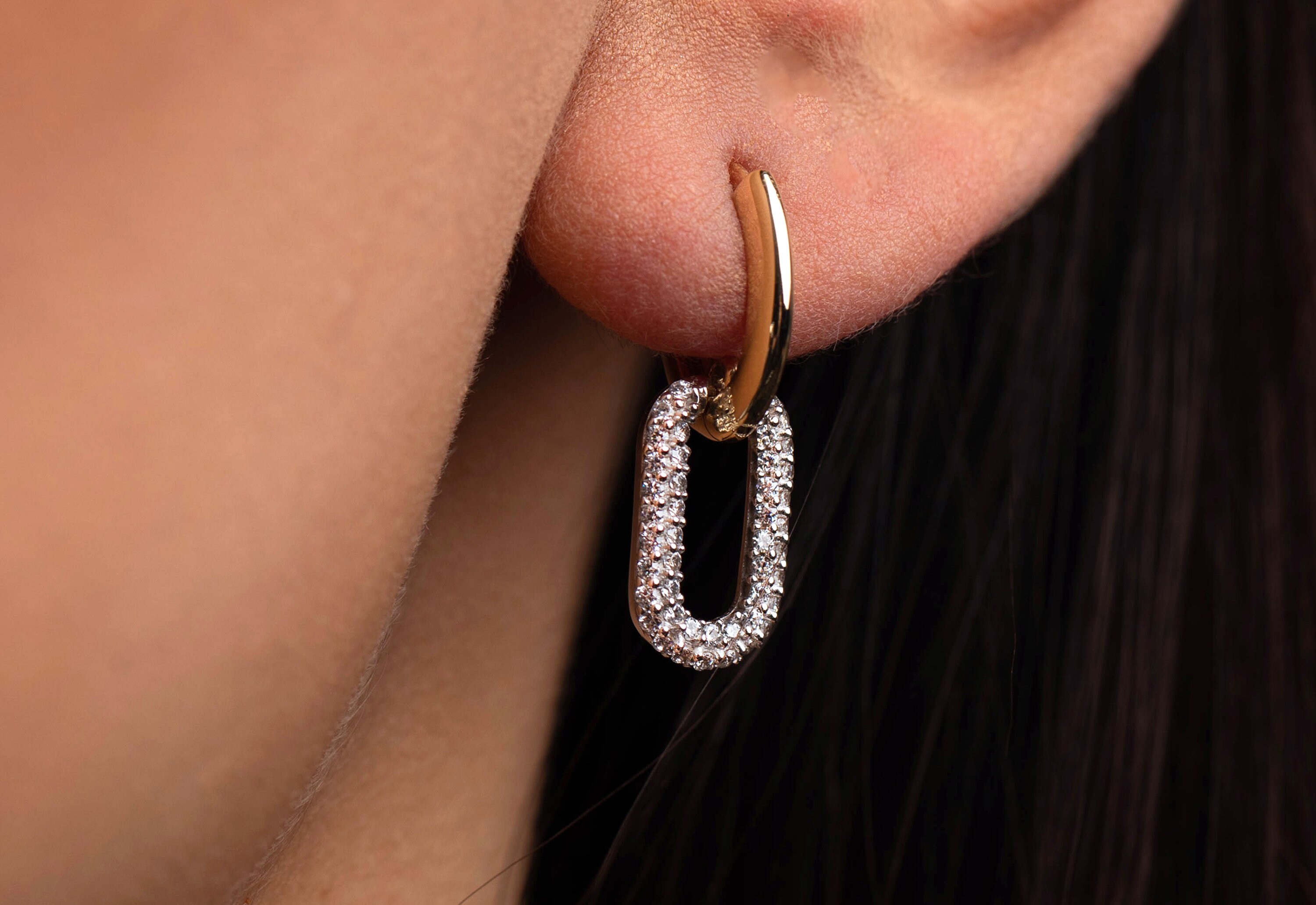 14K Gold Simple Link Earrings, Cable Link Earrings, CZ Hoop
