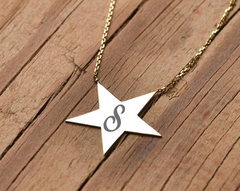 14k Gold Star Letter Necklace, Starburst Pendant, Celestial Charm Necklace, Men's Necklace, Women's Necklace, Gold Star Necklace, Gold Gift