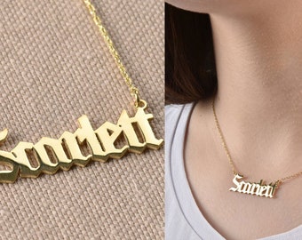 14K Gold Old English Name Necklace, Personalized Necklace with Name, Gothic Name Necklace, Gold Jewelry Gift, Old English Letter Necklace