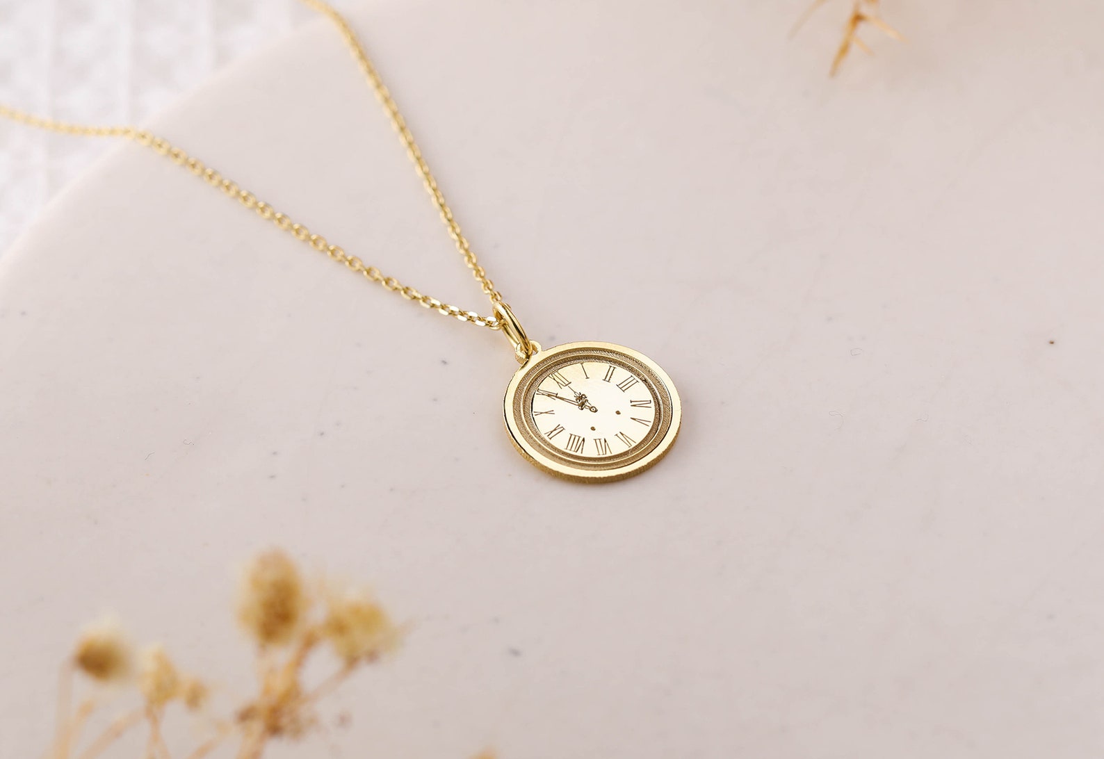 14k Gold Clock Necklace Personalized Vintage Clock Pendant Etsy