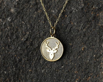 14k Gold Deer Head Necklace, Personalized Deer Head Pendant, Deer Antler Necklace, Animal Jewelry, Birthday Gift Necklace, Stag Necklace