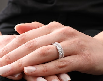 14K Gold Eternity Baguette Ring, Baguette Cut Full Eternity Diamond Ring, Crystal Band, Gold Engagement Ring, Wedding Band, CZ Baguette Ring