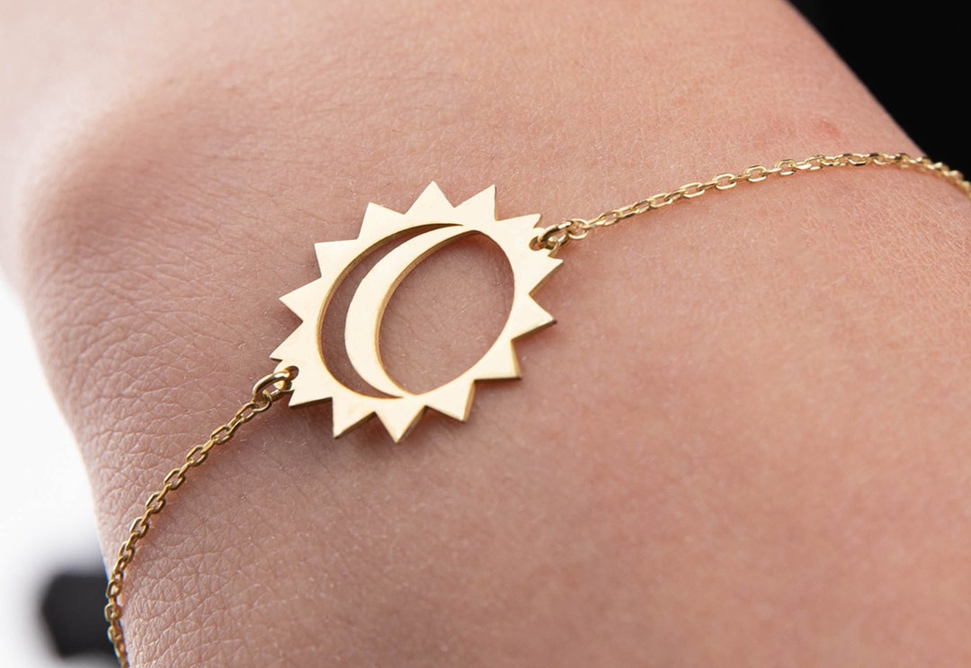 14K Gold Sun and Moon Bracelet, Celestial Jewelry, Crescent Astrology
