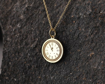 14k Gold Clock Necklace Personalized Vintage Clock Pendant Roman Clock Necklace Custom Time Necklace Best Friend Gift Christmas Gift