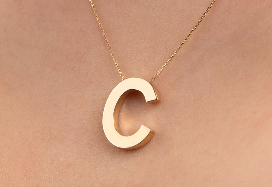 14K Gold Initial C Necklace Tiny Letter Necklace Gold Etsy