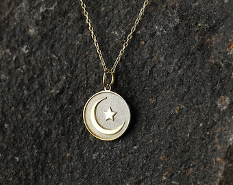 14k Gold Moon Star Necklace, Personalized Moon Star Pendant, Crescent Moon Jewelry, Celestial Jewelry, Necklace Gift for Woman, Moon Charm