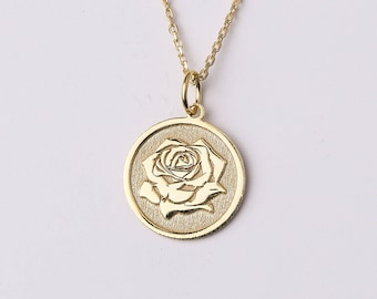 14k Gold Tiny Rose Necklace, Personalized Rose Name Necklace, Dainty Rose Jewelry, Floral Necklace, Flower Necklace Engraved, Gift for Her