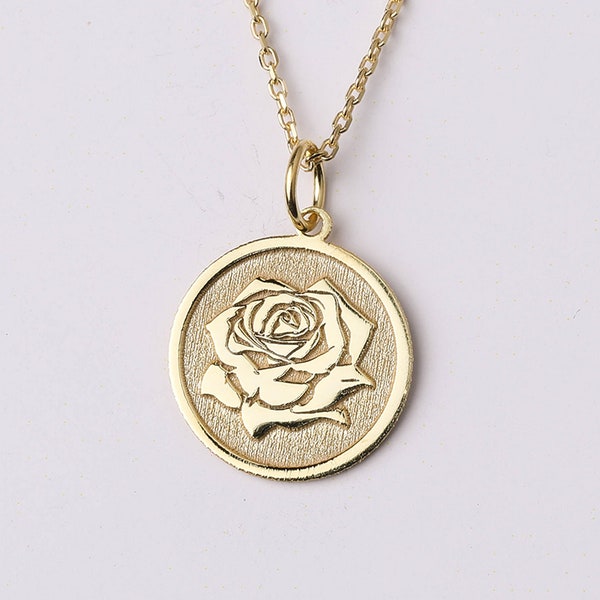14k Gold Tiny Rose Necklace, Personalized Rose Name Necklace, Dainty Rose Jewelry, Floral Necklace, Flower Necklace Engraved, Gift for Her