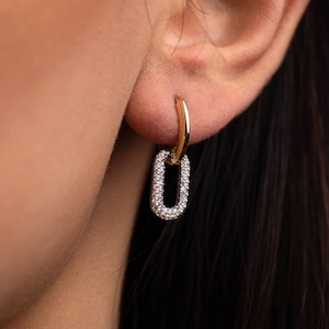 14K Gold Simple Link Earrings, Cable Link Earrings, CZ Hoop Earrings Gold, Minimal Rectangle Earrings, Double Hoop Earrings, Dangle Earrings