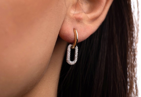 14K Gold Simple Link Earrings, Cable Link Earrings, CZ Hoop Earrings Gold, Minimal Rectangle Earrings, Double Hoop Earrings, Dangle Earrings