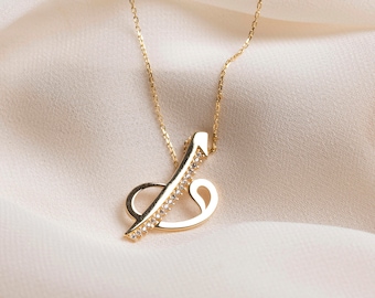 14 K Gold Muslim Necklace, Elif Vav necklace, Muslim Necklace, Spiritual Necklace, Zirconia Muslim Pendant, Islamic Pendant, Islamic Jewelry
