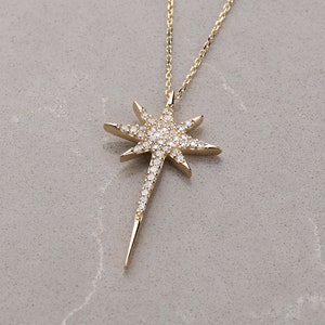 North Star Celestial Necklace, 14K Gold Diamond Star Necklace, Starburst Necklace, North Star Pendant, Polar Star Necklace, Dainty Necklace