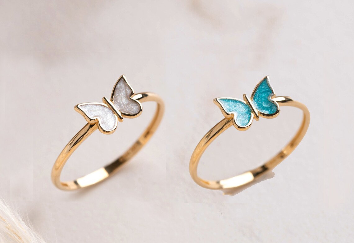 14K Gold Butterfly Ring White and Blue Butterfly Ring Etsy