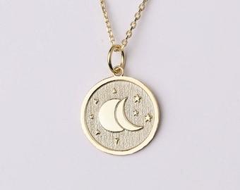 Personalized Sun Moon Necklace, Celestial Jewelry, Sun Moon Pendant, Birthday Gift Necklace, Engraved Medallion Charm, Solid 14K Gold Option