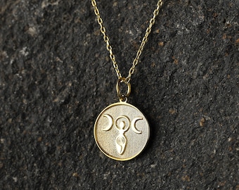 14k Gold Triple Moon Goddess Necklace, Personalized Triple Moon Pendant, Esoteric Necklace, Goddess Necklace Gift, Triple Goddess Pendant