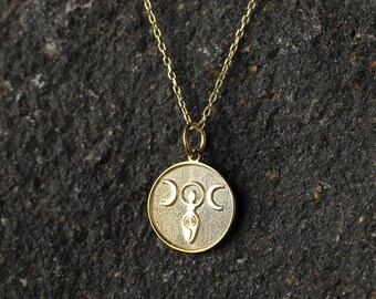 14k Gold Triple Moon Goddess Necklace, Personalized Triple Moon Pendant, Esoteric Necklace, Goddess Necklace Gift, Triple Goddess Pendant