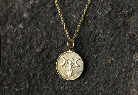 14k Gold Triple Moon Goddess Necklace, Personalized Triple Moon Pendant, Esoteric Necklace, Goddess Necklace Gift, Triple Goddess Pendant