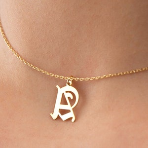 14K Gold Old English Initial Letter Necklace, Delicate Initial Necklace For Women Men, Old English Font Letter, Gothic Letter Necklace Gold