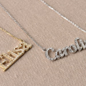 Gold Name Necklace, Cubic Zirconia Necklace, 14K Gold Necklace, 14K Solid Gold Name Cz Necklace, Personalized Gift, Cursive Name Necklace