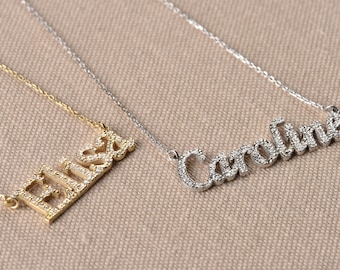 Gold Name Necklace, Cubic Zirconia Necklace, 14K Gold Necklace, 14K Solid Gold Name Cz Necklace, Personalized Gift, Cursive Name Necklace
