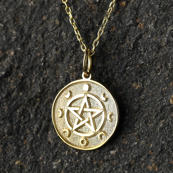 14k Gold Pentagram Necklace, Personalized Pentagram Pendant, Occult Jewelry, Wiccan Witch Necklace, Halloween Gift Necklace, Gothic Pendant