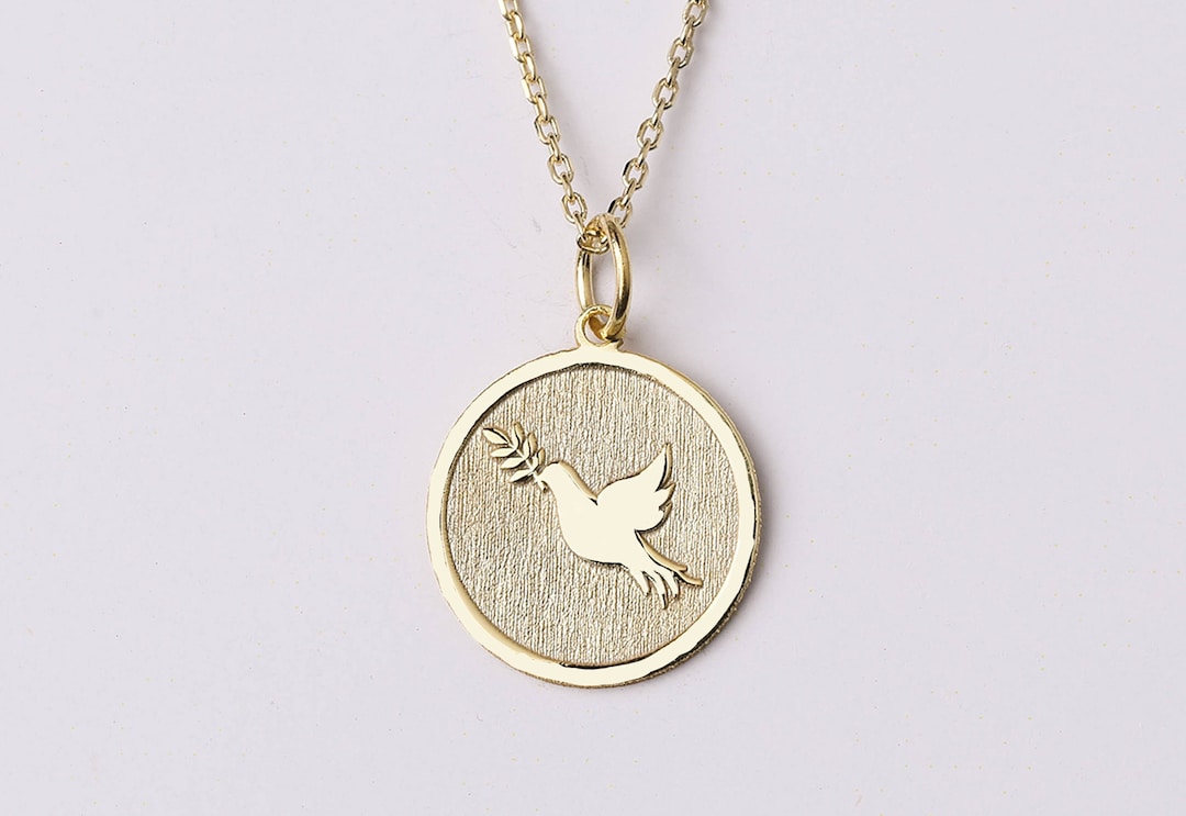 14k Gold Dove With Olive Branch Necklace, Personalized Dove With Olive ...