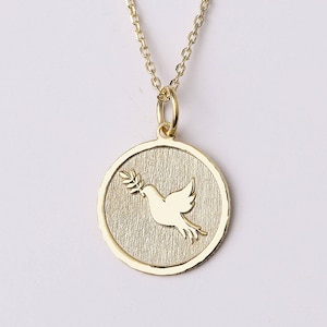 14k Gold Dove with Olive Branch Necklace, Personalized Dove with Olive Branch Pendant, Dove Necklace, Bird Charm Necklace, Best Friend Gift image 1