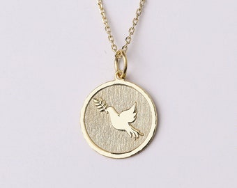 14k Gold Dove with Olive Branch Necklace, Personalized Dove with Olive Branch Pendant, Dove Necklace, Bird Charm Necklace, Best Friend Gift
