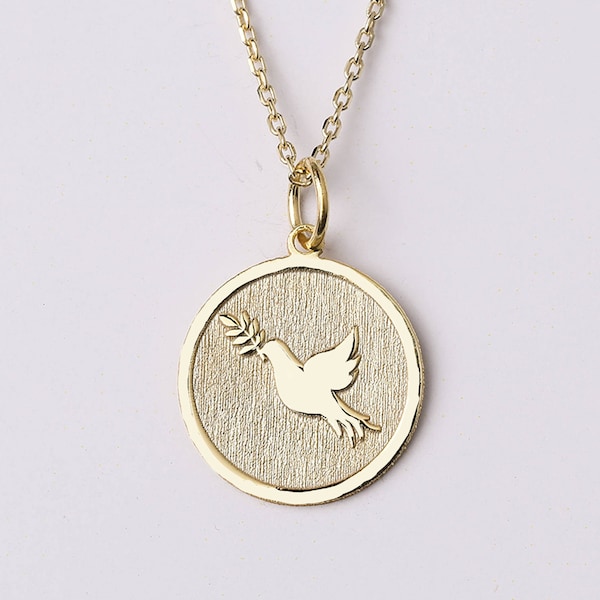 14k Gold Dove with Olive Branch Necklace, Personalized Dove with Olive Branch Pendant, Dove Necklace, Bird Charm Necklace, Best Friend Gift