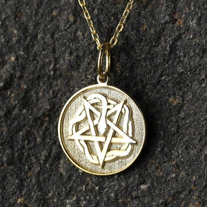 14k Gold Pentagram Wrapped by Snake Necklace, Personalized Pentagram Pendant, Occult Necklace, Wicca Druid Necklace, Goth Star Charm Gold