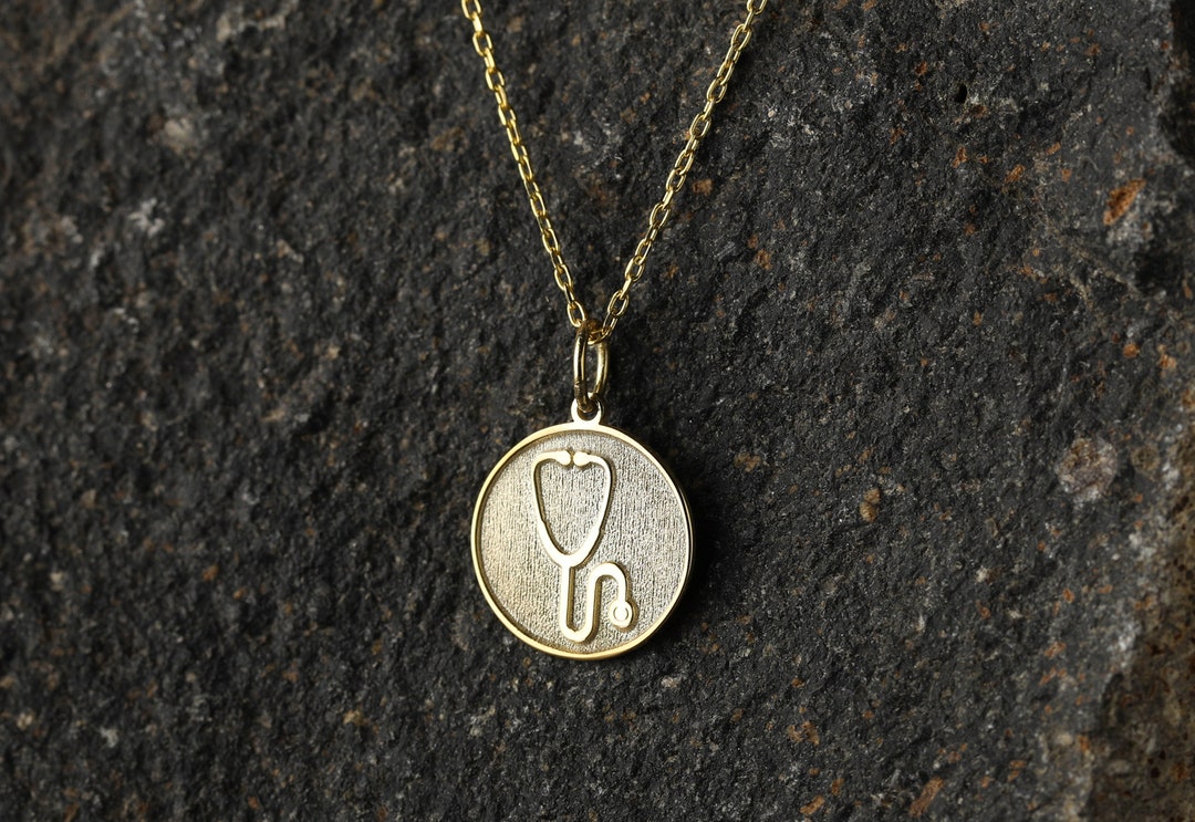 14k Gold Stethoscope Necklace, Personalized Stethoscope Pendant, Doctor