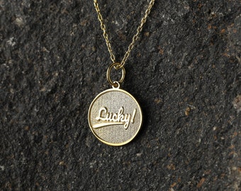 Lucky Coin Necklace, Personalized Lucky Pendant, Good Luck Symbol Jewelry, Birthday Gift Jewelry, Gold Gift for Her, 14k Solid Gold Option