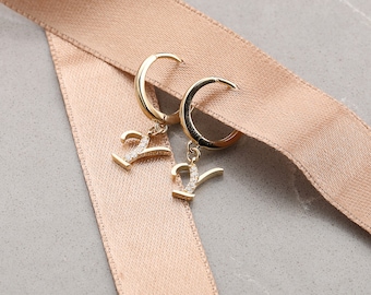 14K Gold Letter Earrings, Personalized Initial Earrings, Zirconia Earrings Gold, Alphabet Hoops, Mom Gift Earring, Letter Hoop Earrings