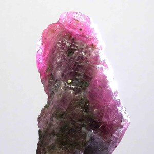 Könnte beinhalten: Ein roher, ungeschliffener Rubin-Edelstein mit leuchtend rosa Farbton. Die Kristallstruktur ist sichtbar, mit Bereichen dunklerer violetter und grüner Einschlüsse. Der Edelstein ist vor einem schlichten weißen Hintergrund platziert.