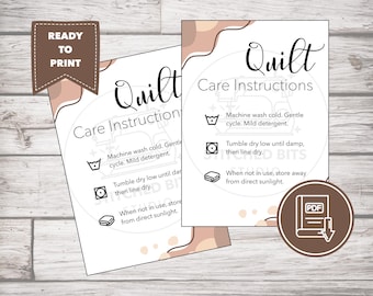 Printable Quilt Care Instruction Cards, Washing Guide, Bonus Gift Tags, Digital Download, Squiggles Design