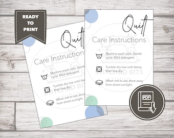 Printable Quilt Care Instruction Cards, Washing Guide, Bonus Gift Tags, Digital Download, Pebbles Design