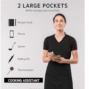 May include: A black apron with two large pockets, designed for cooking. The pockets are shown holding a notepad, phone, spoon, rolling pin, and thermometer. The text "2 LARGE POCKETS" and "COOKING ASSISTANT" is visible on the image.