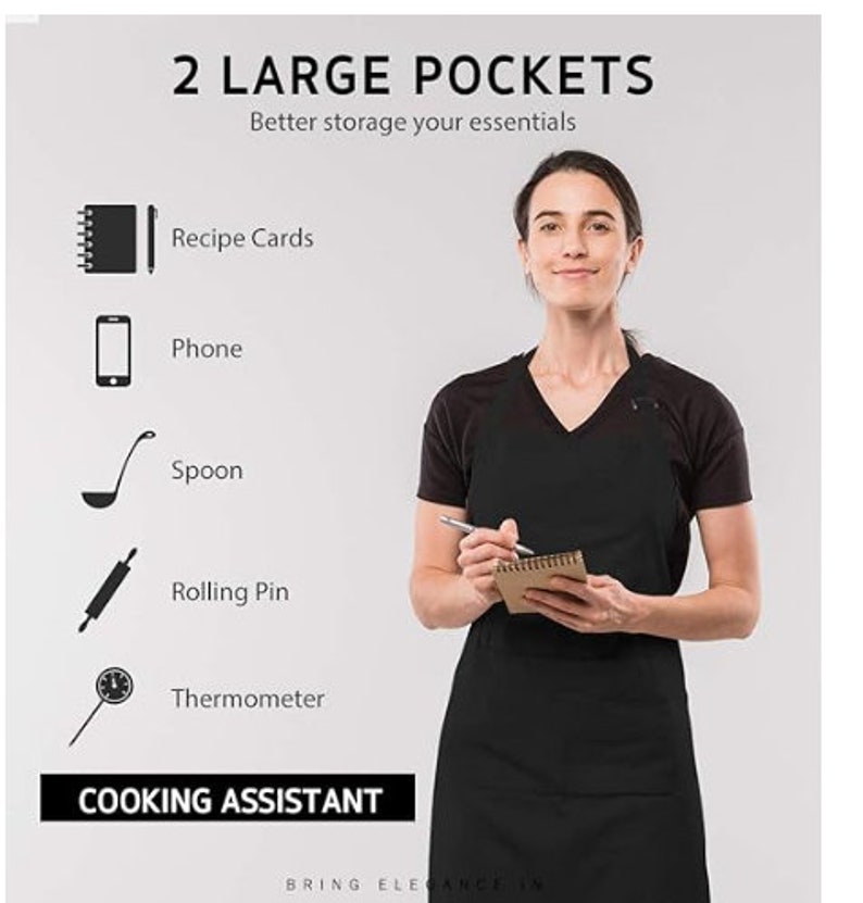 May include: A black apron with two large pockets, designed for cooking. The pockets are shown holding a notepad, phone, spoon, rolling pin, and thermometer. The text "2 LARGE POCKETS" and "COOKING ASSISTANT" is visible on the image.