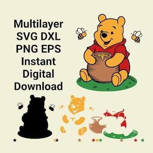 Puede incluir: Descarga digital con Winnie the Pooh sosteniendo un tarro de miel, con abejas volando alrededor. Incluye el texto "Multilayer SVG DXL PNG EPS Instant Digital Download."