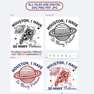 Divertente e sarcastico "Houston, ho così tanti problemi" Animale Procione 4 in 1 Tascabile 7 Colori Cricut PNG SVG Nasa, Passeggiata nello Spazio
