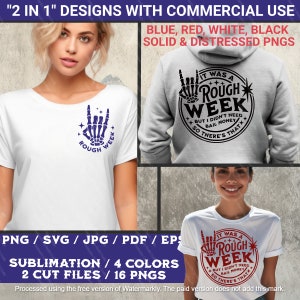 May include: Two designs for a t-shirt and a hoodie featuring a skeleton hand making the rock and roll sign with the text "It was a rough week, but I didn't need bail money. So there's that." in a circle around the hand.