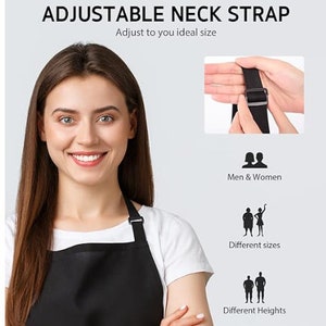 May include: A black apron with an adjustable neck strap. The strap has a buckle that can be adjusted to fit different sizes. The text "Adjustable Neck Strap" and "Adjust to you ideal size" is visible in the image.