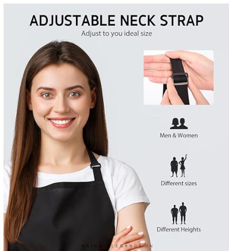 May include: A black apron with an adjustable neck strap. The strap has a buckle that can be adjusted to fit different sizes. The text "Adjustable Neck Strap" and "Adjust to you ideal size" is visible in the image.
