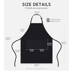 May include: A black apron with adjustable straps and a large pocket. The apron measures 35.5 inches (89 cm) long, 20.5 inches (52 cm) wide, and has a neck strap that is 10.5 inches (27 cm) long. The apron also has a 6.2 inch (15.5 cm) deep pocket.