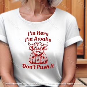 4 in 1 Snarky Lustig "Ich bin hier, ich bin wach, drücken Sie es nicht" Highland Kuh Tasche 7 Farbe Distressed Sublimation Cricut PNG SVG PDF Sarkastisch