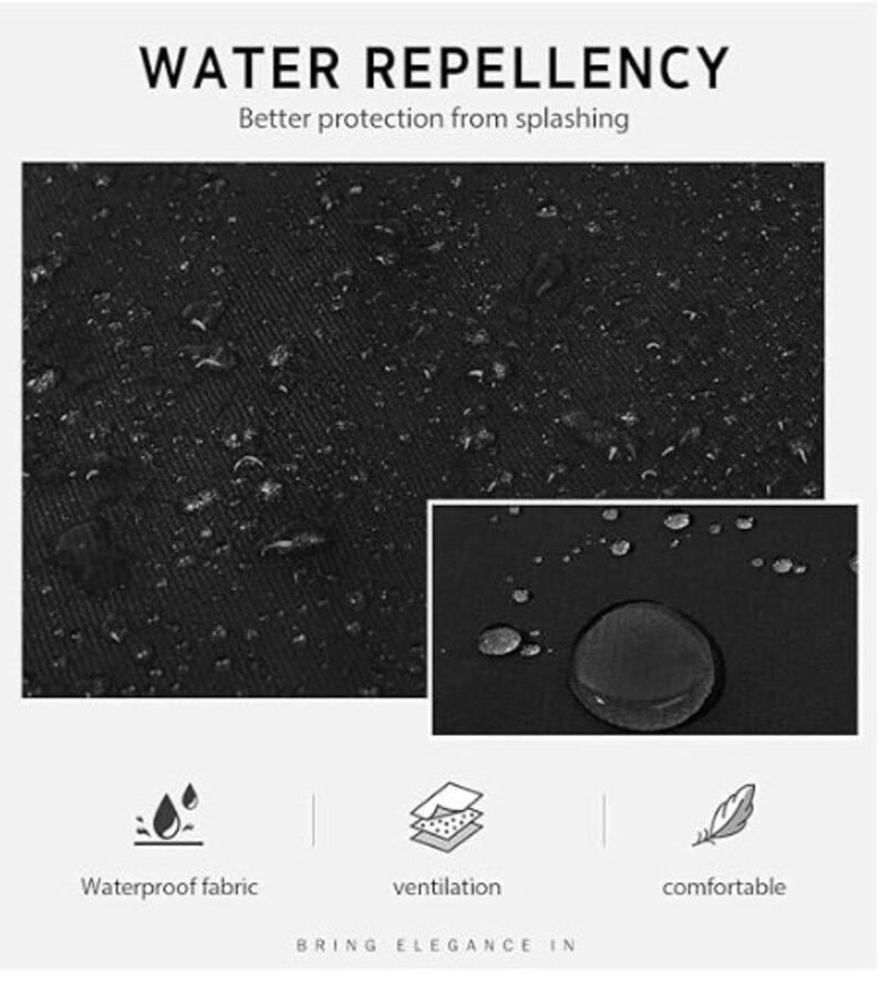 May include: Black fabric with water droplets on the surface. The fabric is water repellent and has a breathable design. The text "WATER REPELLENCY" is at the top of the image. The text "Better protection from splashing" is below the title. The text "Waterproof fabric", "ventilation", and "comfortable" are below the image.